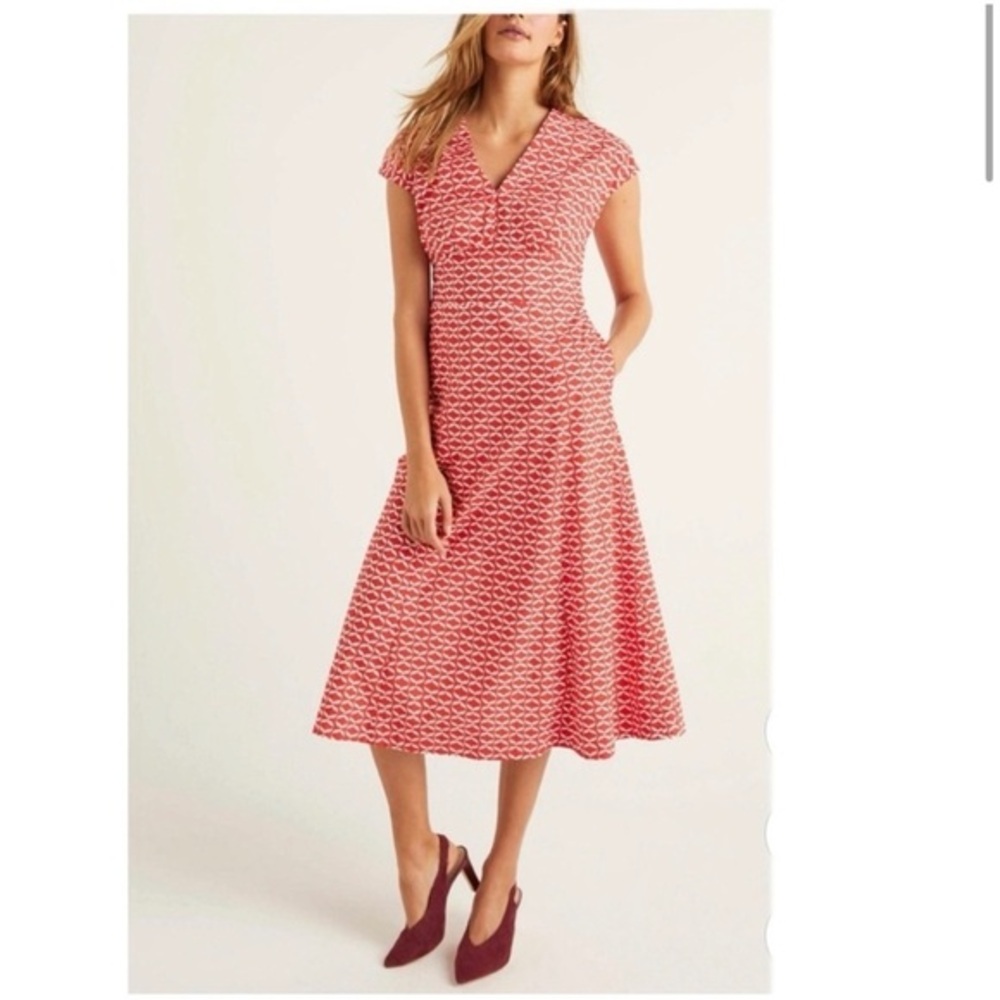 Boden Natasha Red White Fit n Flare Cotton Midi Dress EUC 8R #856
